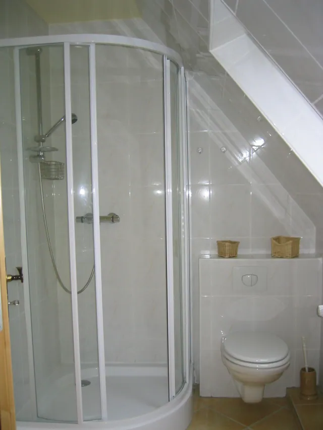 Ferienwohnung I: Badezimmer mit Eckdusche und WC unter der Dachschräge