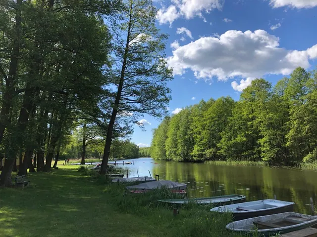 Frühlingsgrünes Spreeufer mit vertäuten Ruderbooten und blauem Himmel